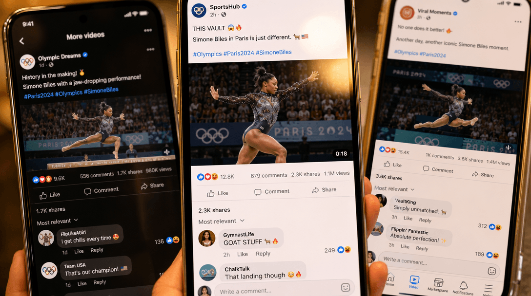 Olympic video clip playing on mobile phone screens scrolling social media feeds, multiple shares visible, engagement met