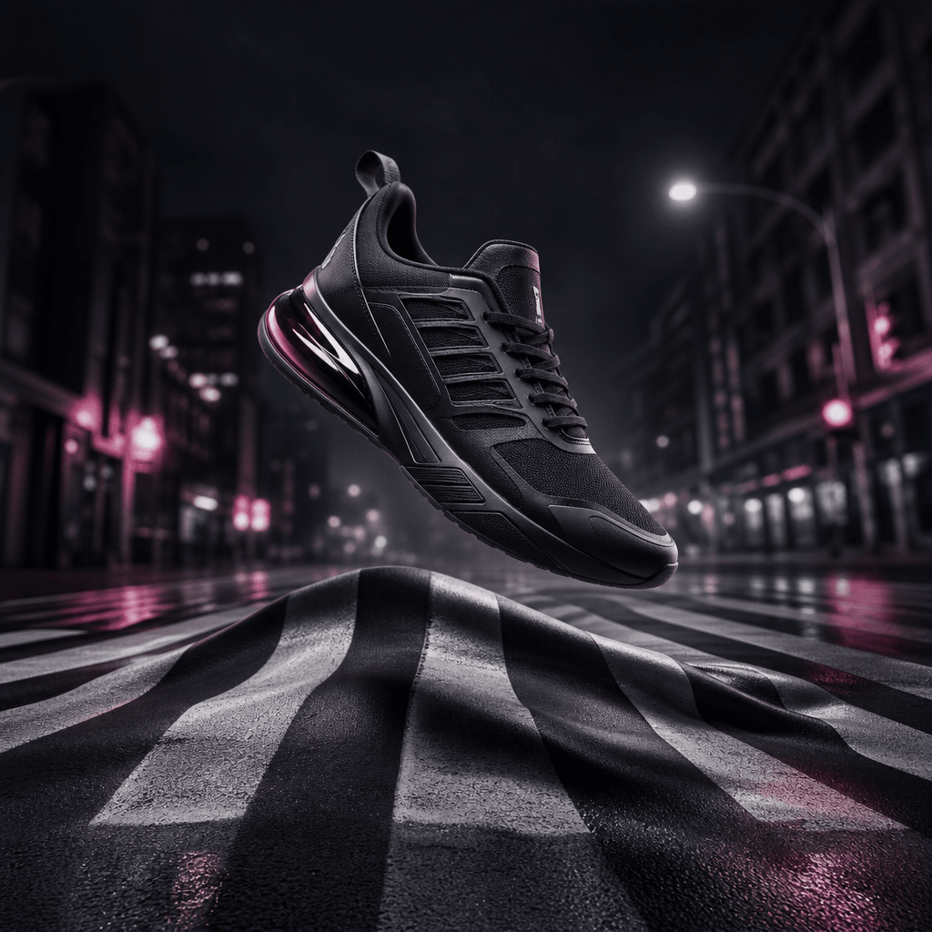 A modern sneaker suspended above a city crosswalk as the pavement ripples like fabric beneath it, dark editorial campaig
