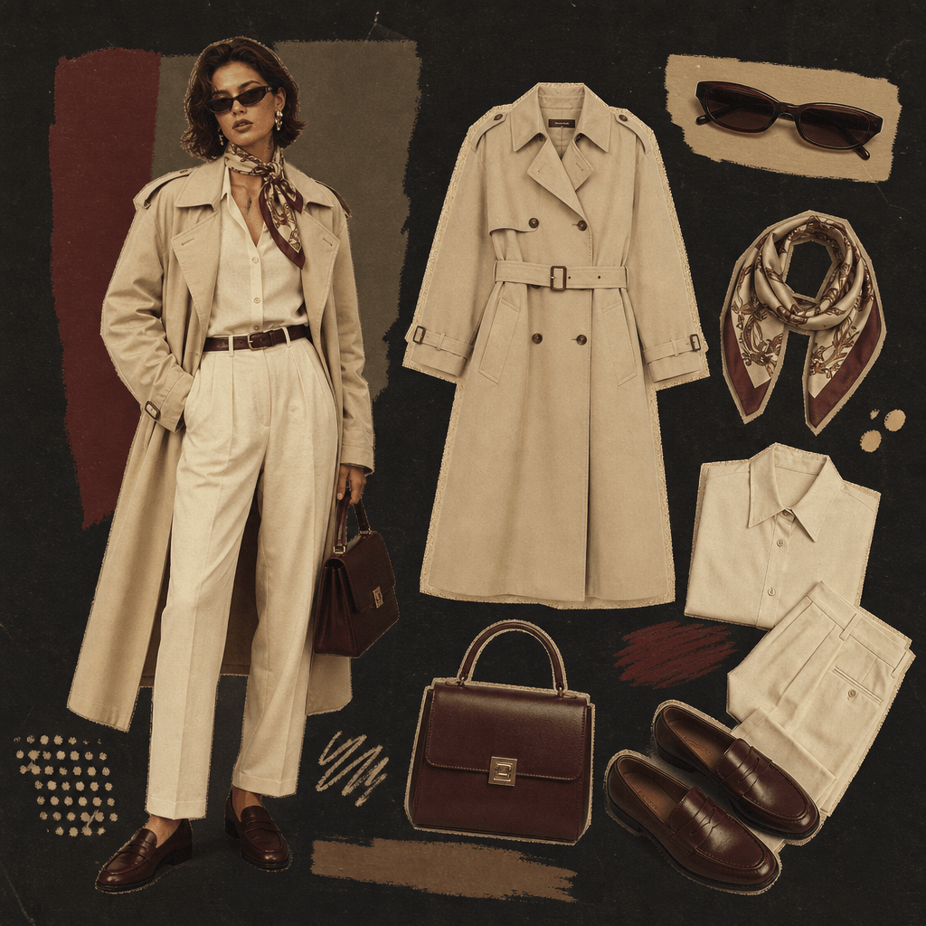 A square retro fashion board featuring a cream trench coat outfit, loafers, structured handbag, silk scarf, and narrow s