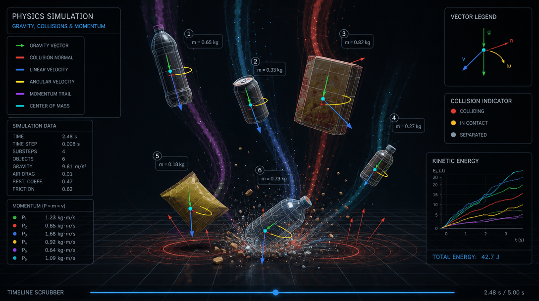 Physics simulation visualization: gravity vectors, collision indicators, and momentum trails around falling products, ab