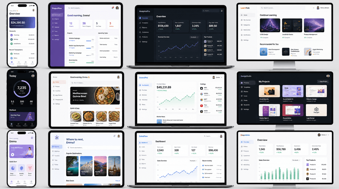 Collection of diverse app variations displayed across different device types—phone, tablet, desktop. Grid layout, profes