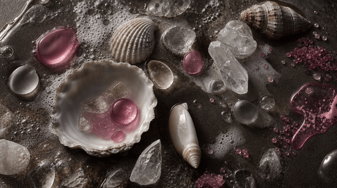 An abstract coastal still life of wet sand, foam bubbles, translucent shells, mineral crystals, sea-polished glass, and 