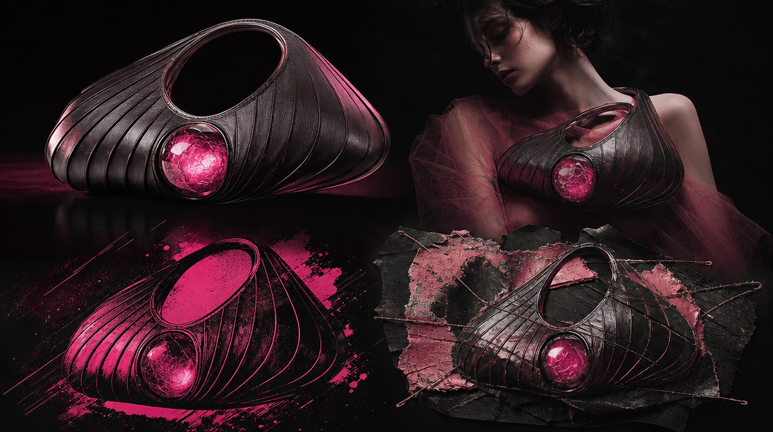 Four distinct visual interpretations of one sculptural fashion accessory arranged in a dark studio: photoreal product sh