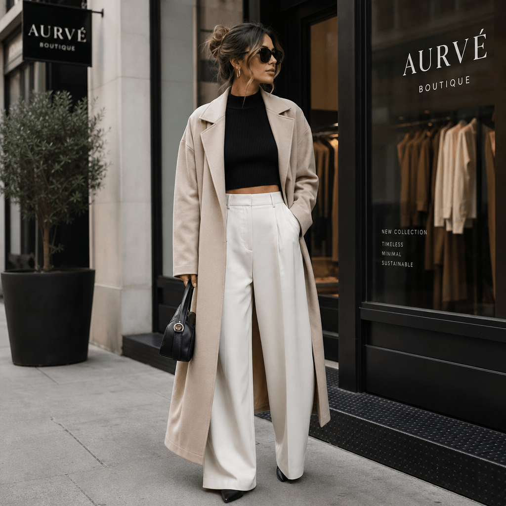Trendy outfit displayed on figure near boutique storefront. Urban modern setting, soft natural light. High-fashion stree
