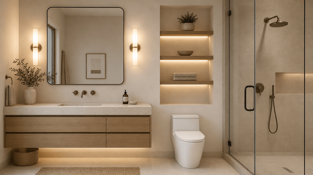 Clean minimalist bathroom with soft warm light fixtures and empty styled shelf. Modern spa aesthetic with neutral tones.