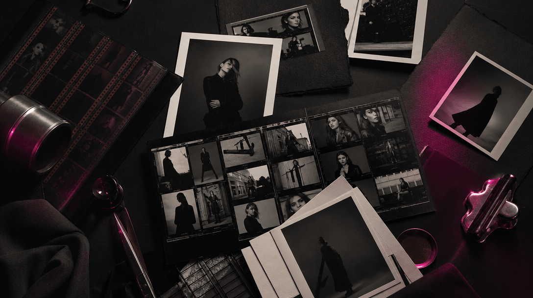 A refined creative production tableau with film frames, fashion contact sheets, textured paper, dark fabric, and metalli