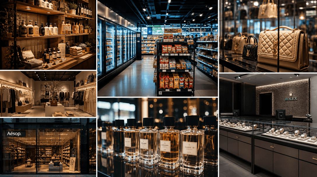 A collage-style composition showing multiple retail environments: boutique shelves, convenience store aisles, luxury dis