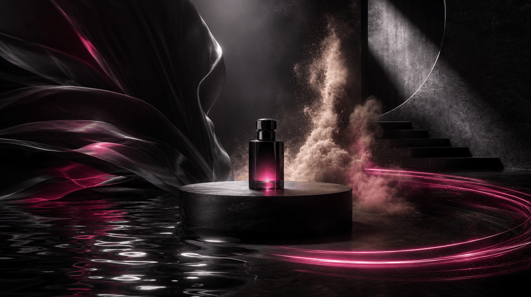 Several distinct cinematic material worlds converging around one central product pedestal: liquid reflections, windblown