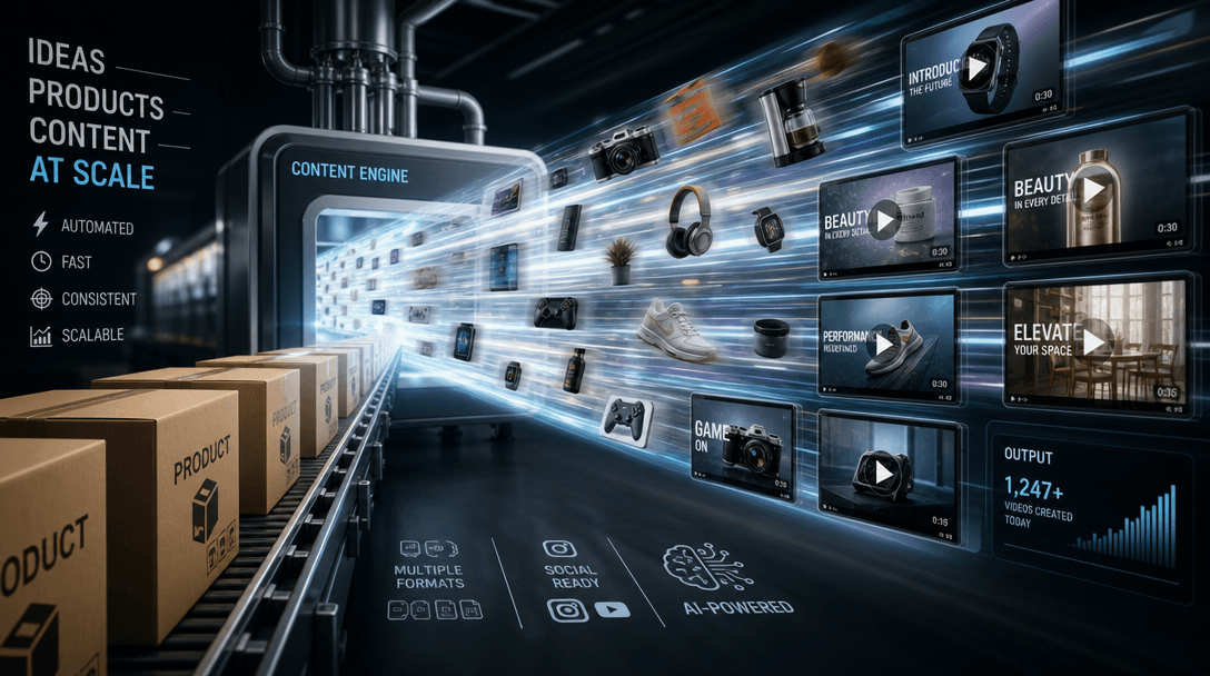 Montage-style composition: multiple different products rapidly transforming and multiplying through a pipeline—boxes bec