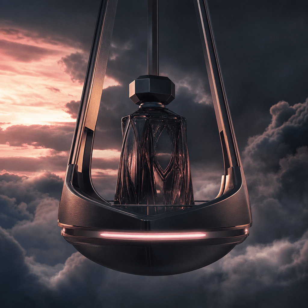 A sculptural perfume bottle riding in a sleek suspended carrier through soft storm clouds at dusk, dark editorial beauty