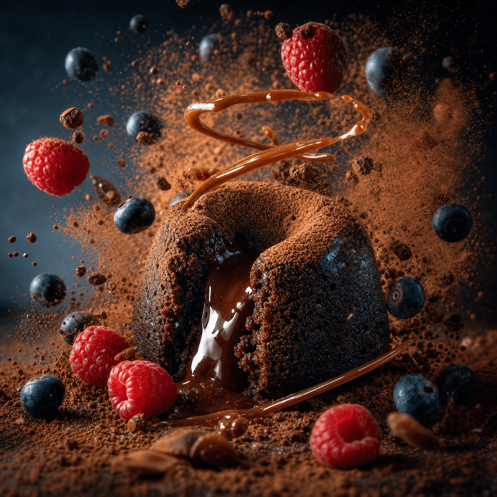 Dark editorial close-up of a chocolate lava cake at center frame, with cocoa powder clouds billowing outward, fresh rasp