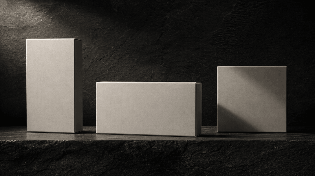 Three identical minimal product boxes — arranged as portrait, landscape, and square formats side by side on dark stone —