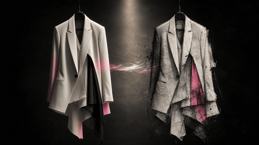 Two tailored garments suspended side by side in a dark editorial studio, one rendered as photoreal fabric and the other 