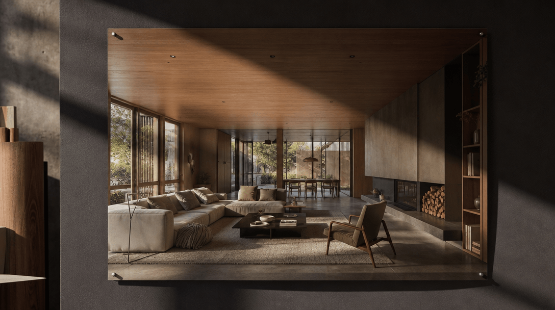 Dark editorial scene: a large-format photorealistic interior render print mounted and pinned taut to a matte charcoal pr