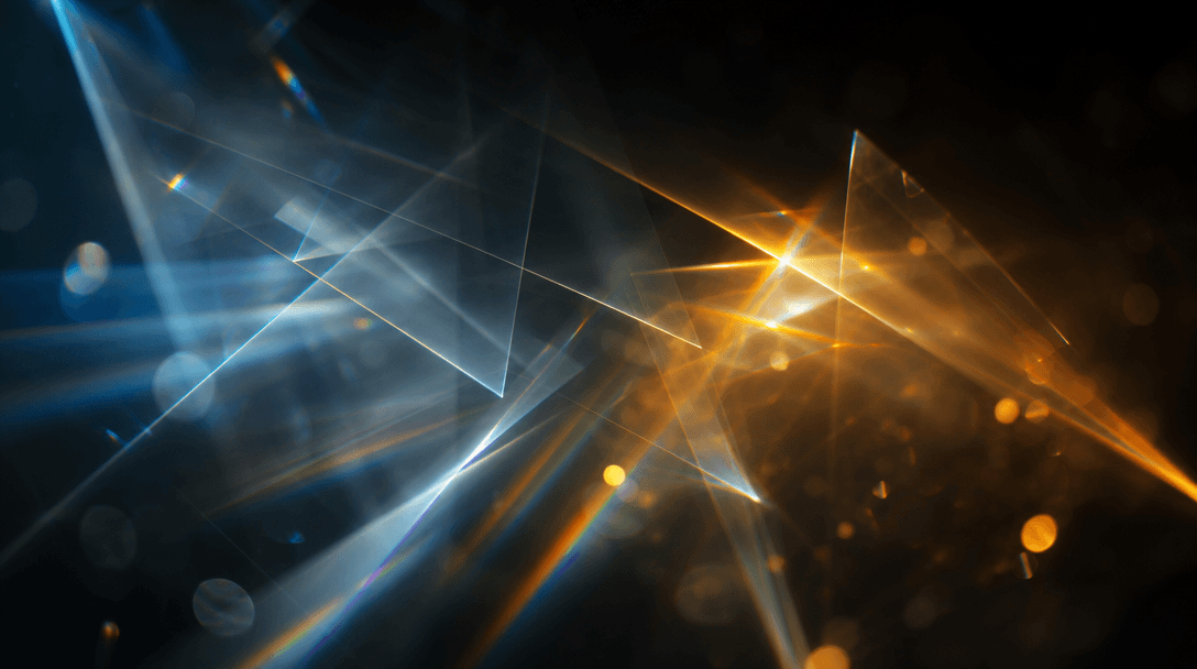 Abstract visualization of overlapping translucent light prisms diffracting on a deep near-black background, cool silver 