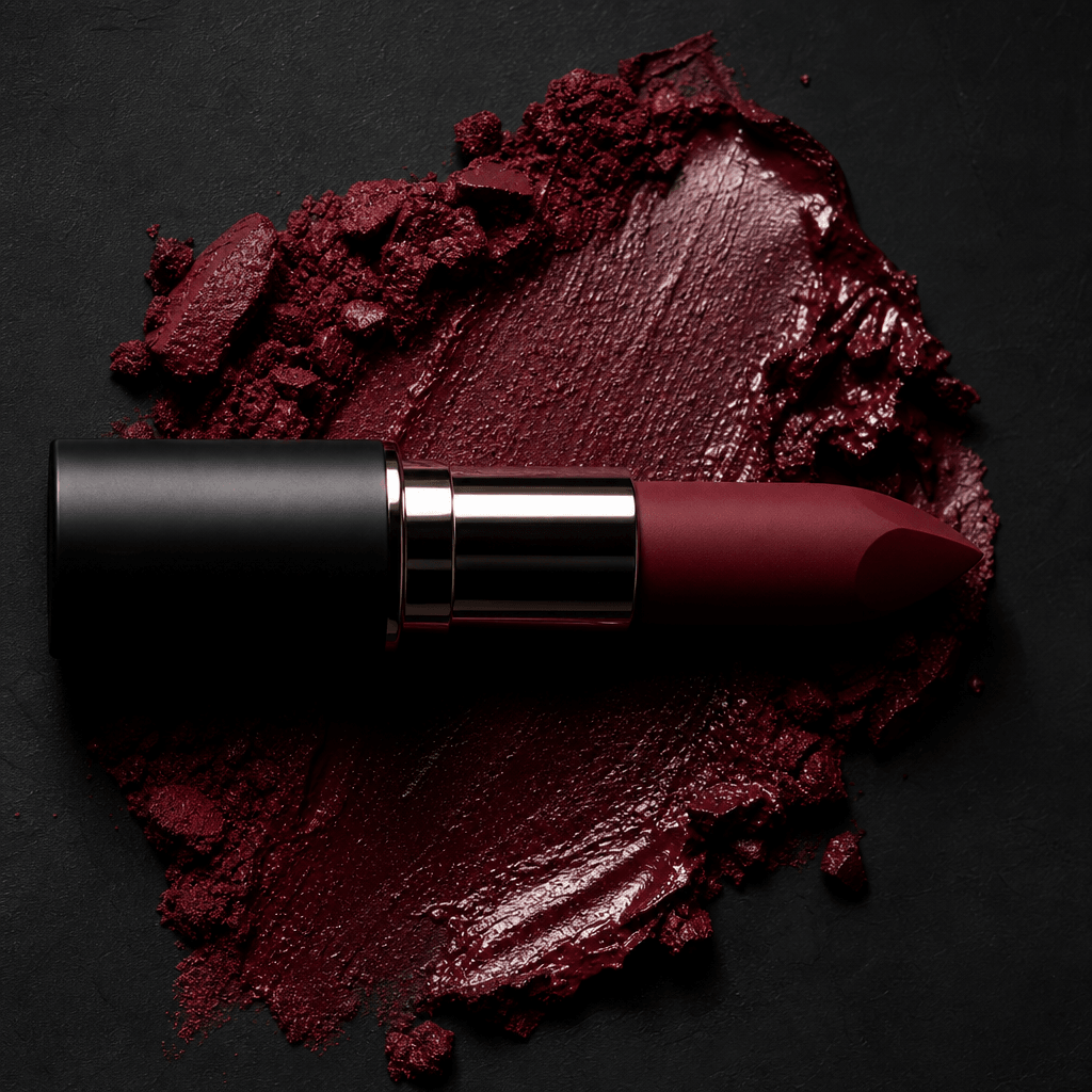 Deep burgundy matte lipstick bullet lying horizontally across a crushed-berry pigment smear on a dark charcoal backgroun