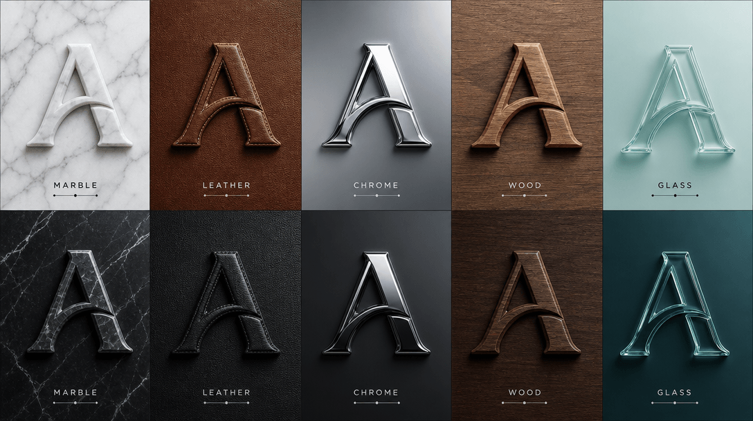 Grid of multiple logo versions each with different textures: marble, leather, chrome, wood, glass showing material varie