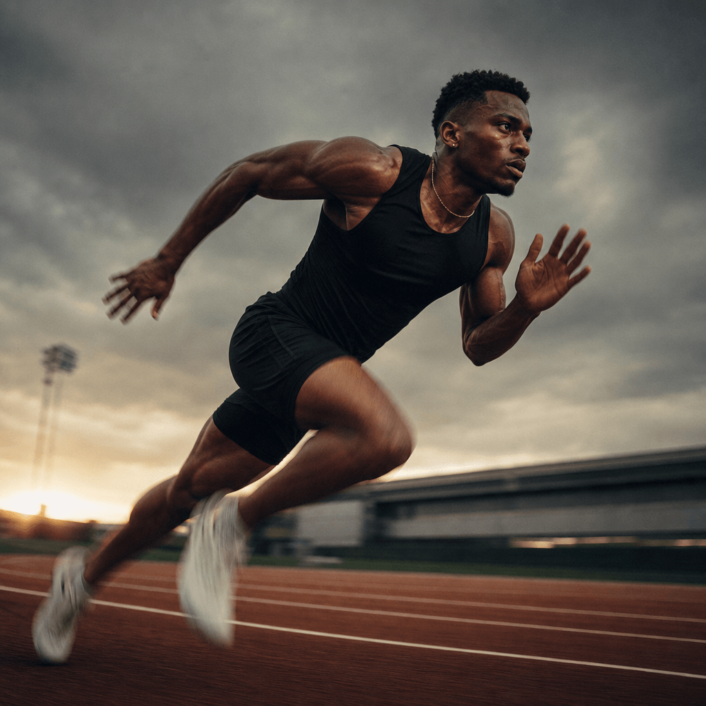 Cinematic still of a male athlete mid-sprint on an outdoor track at golden hour. Motion blur on the legs, sharp upper bo