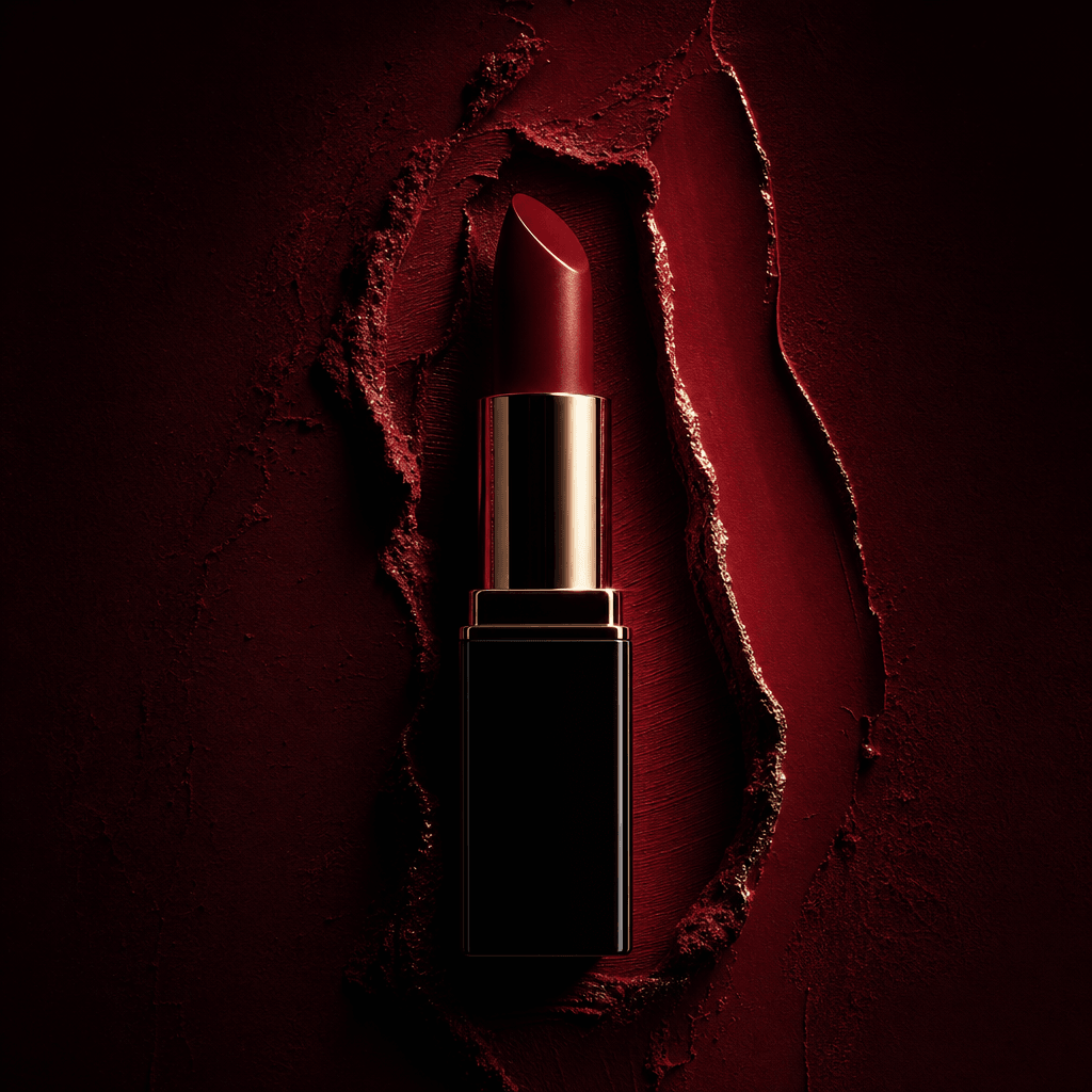 A lipstick tube shown as a bold sculptural cutout, surrounded by deep crimson cosmetic pigment and a narrow metallic hig