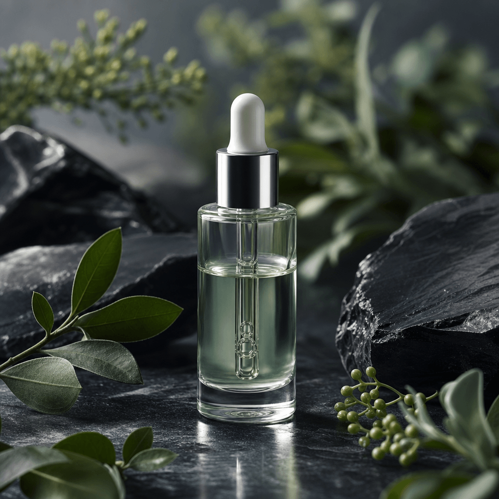 Skincare product flat-lay — a sleek glass serum bottle on a dark obsidian surface surrounded by sparse green botanicals,