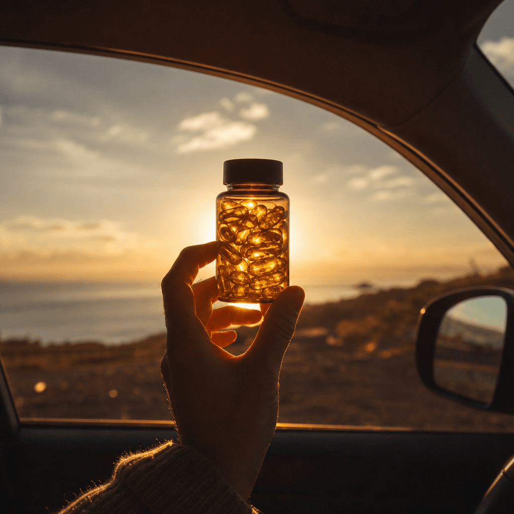 Supplement capsule bottle held up against a car window at dusk, golden hour backlighting creating a glowing rim-light ha