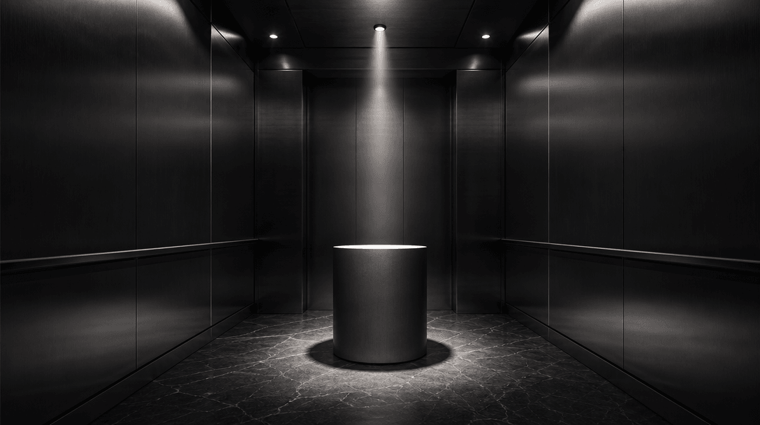 A pristine product pedestal inside a shadowy brushed-metal elevator, carefully arranged directional light defining the s