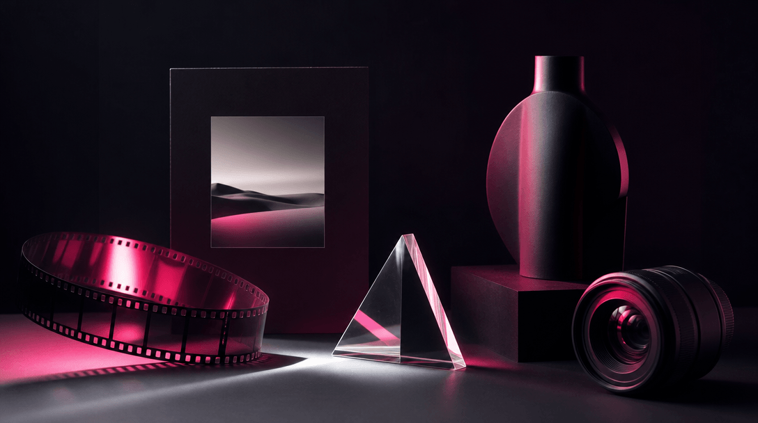 A cinematic tabletop containing abstract symbols of varied image and video creation: a glowing film strip, photographic 
