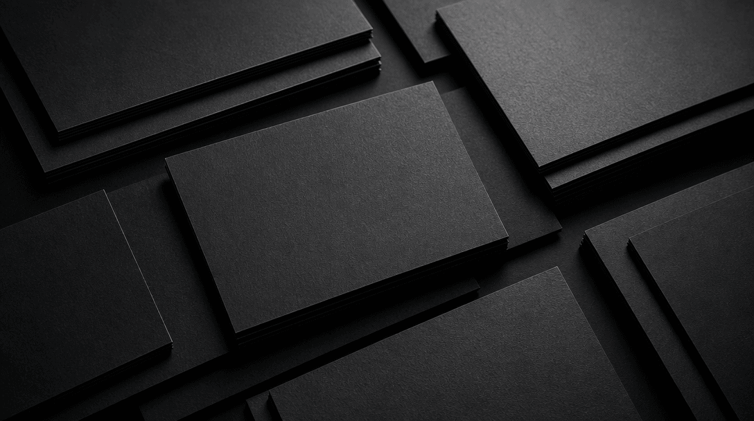 Dark editorial flat-lay of stacked premium matte paper cards arranged in a precise overlapping grid on a near-black surf