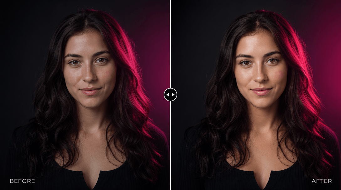 Professional headshot photograph transitioning seamlessly into enhanced version with improved lighting and color grading