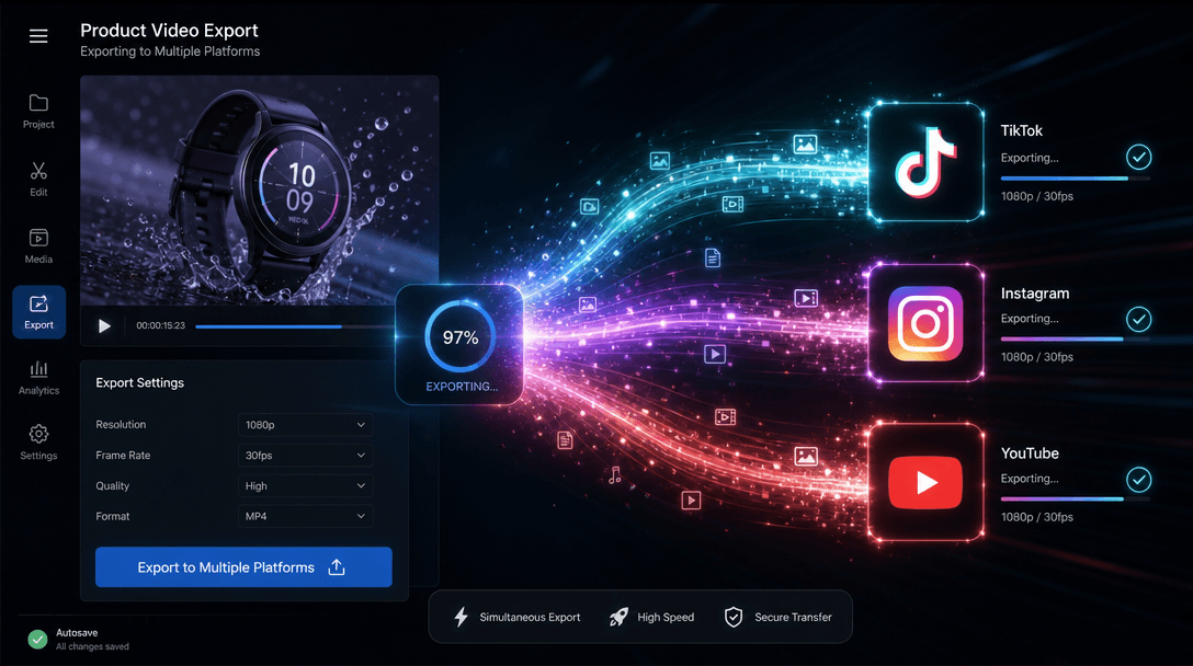 A product video exporting to multiple social media platforms simultaneously with social icons (TikTok, Instagram, YouTub