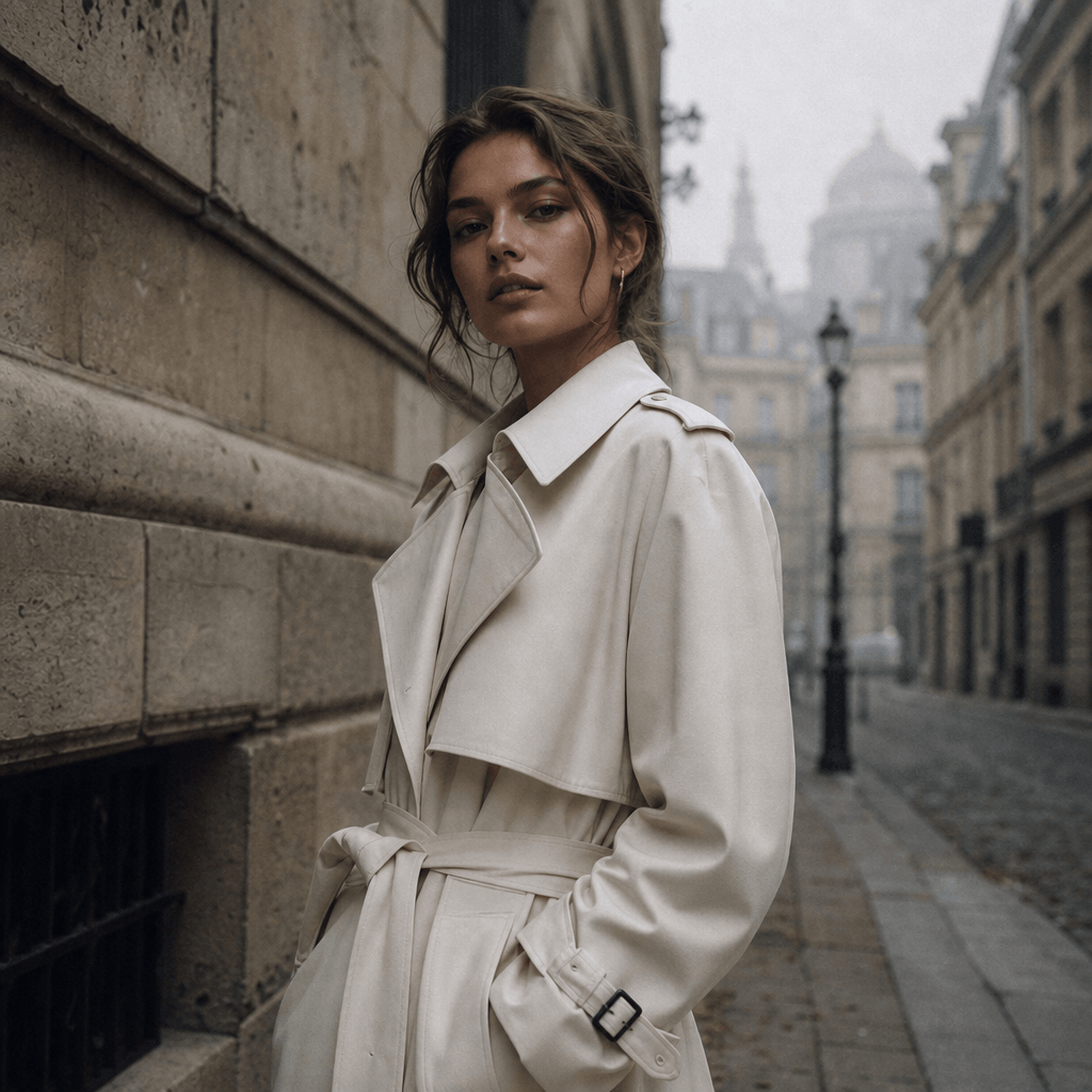 Square editorial fashion photograph: a female model in a sleek ivory belted trench coat stands in a misty Parisian stone