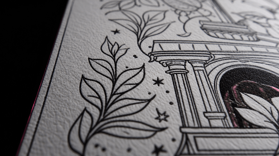 Extreme macro view of immaculate black ink contours flowing across textured white drawing paper, showing leaves, stars, 