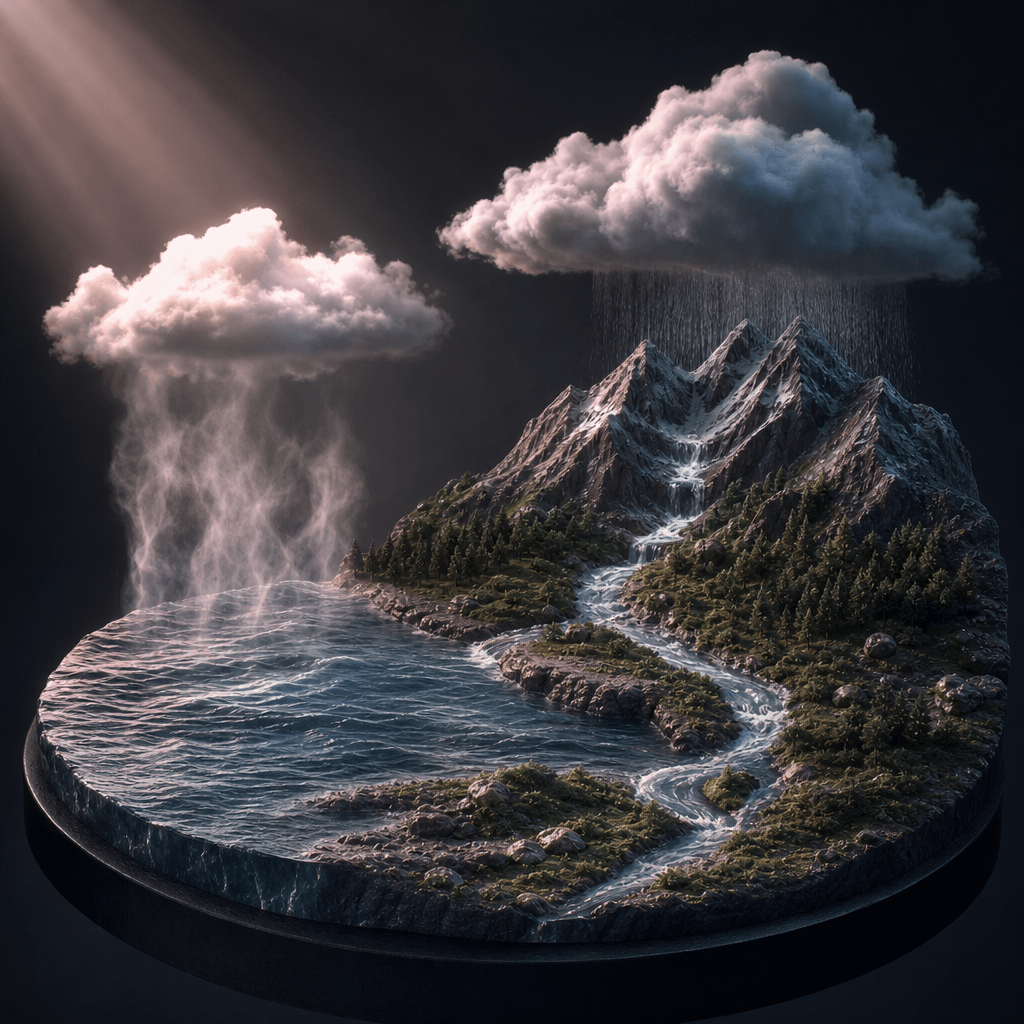A square visual explanation of the water cycle using a sculptural miniature landscape with ocean evaporation, cloud form
