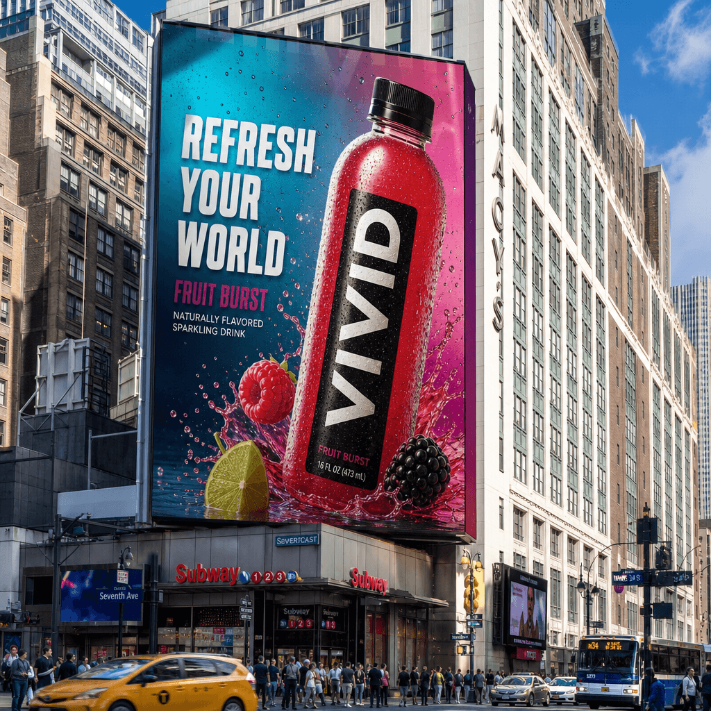 Large outdoor billboard featuring colorful beverage bottle in busy downtown intersection, daytime bright sunlight, reali