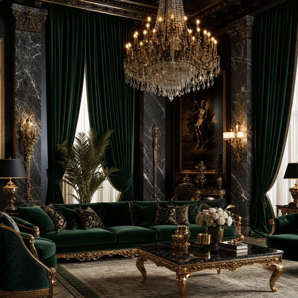 Opulent luxury living room with velvet floor-to-ceiling curtains in rich emerald green, ornate crystal chandelier glowin