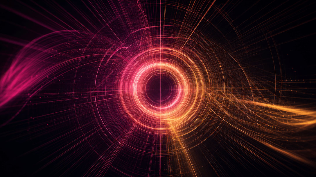 Abstract creative composition: concentric light rings and fine geometric lines radiating outward across a deep dark back