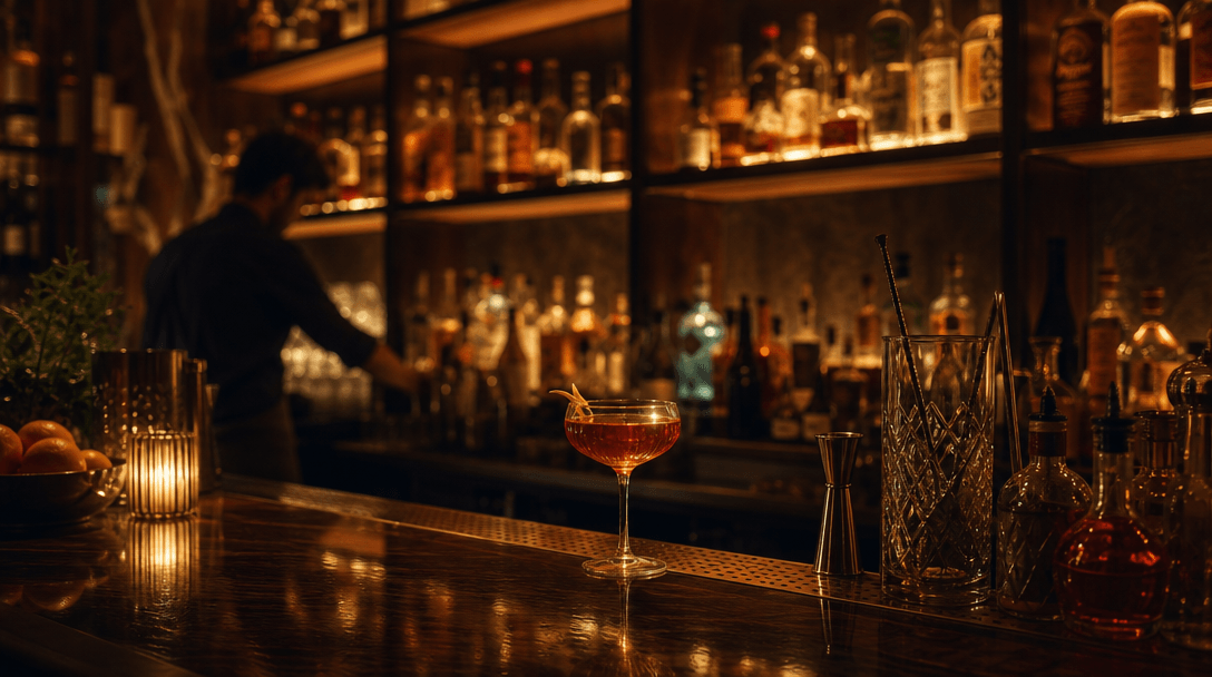 Wide atmospheric scene inside a premium cocktail bar: dark wooden shelves lined with back-lit spirit bottles, warm amber