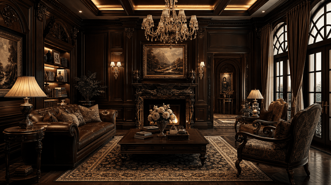 Luxurious interior room texture with elegant furnishings, dark wood tones, ornate details, soft lighting creating depth 