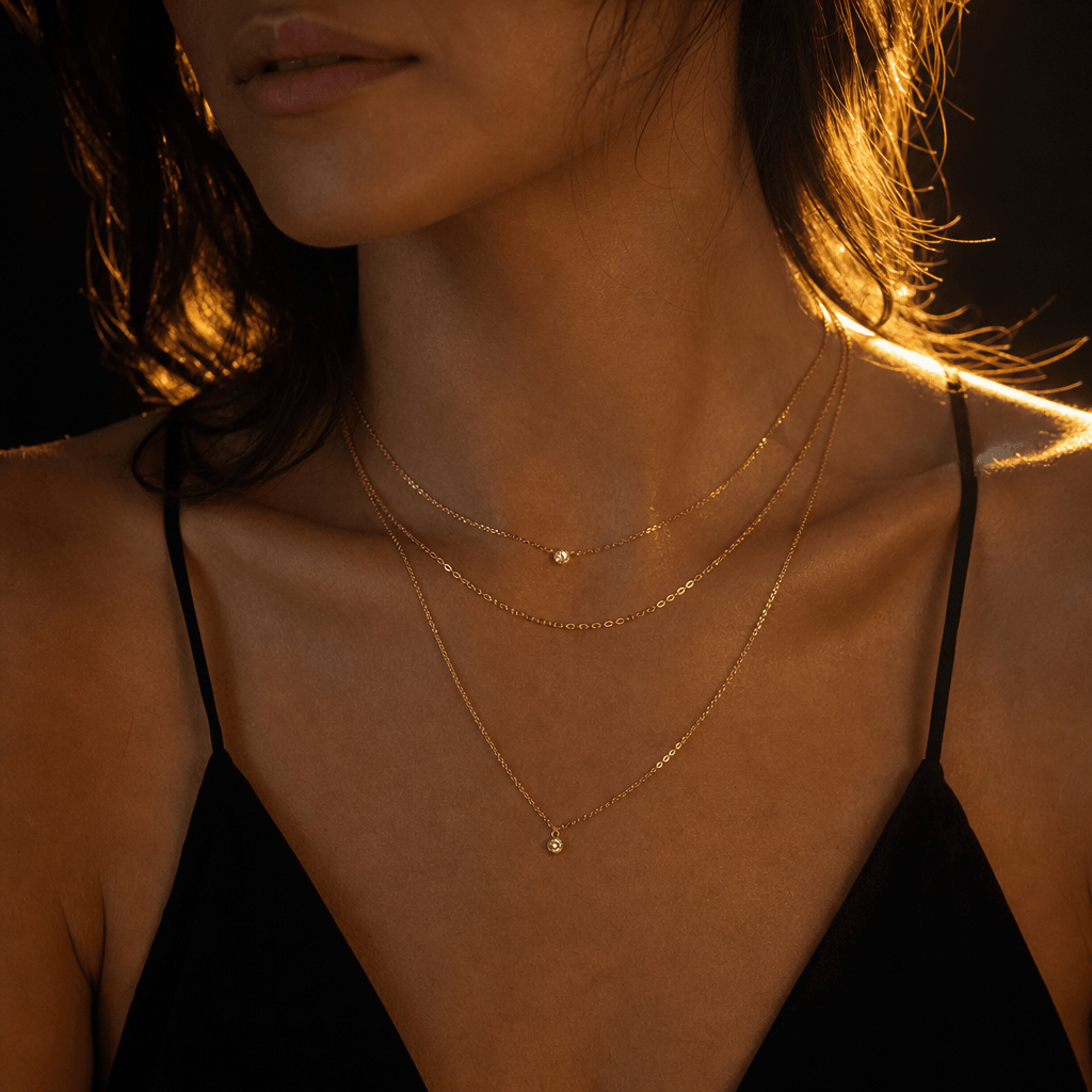 Photorealistic jewelry try-on: layered delicate gold chain necklaces draped at the collarbone, warm golden-hour backligh