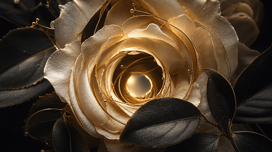 Abstract extreme macro of botanical frame elements — cream rose petals, dark waxy leaves, and thin gold filaments arrang
