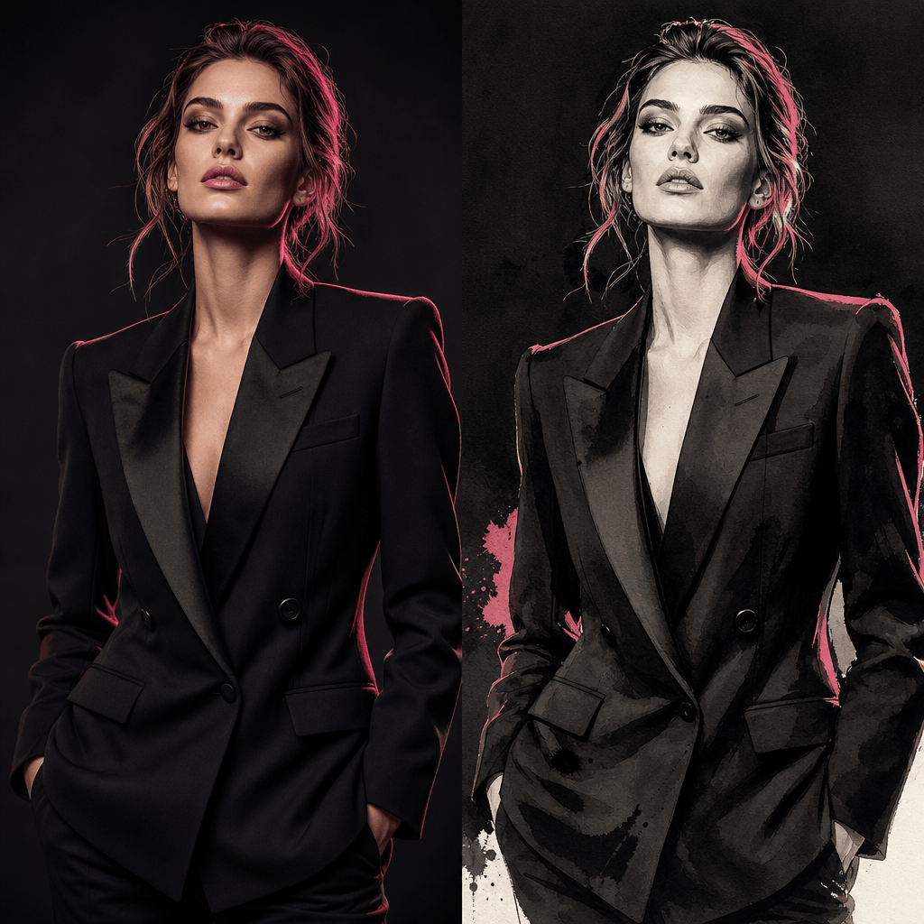 A square side-by-side fashion composition featuring a structured black blazer look as a realistic studio portrait and a 
