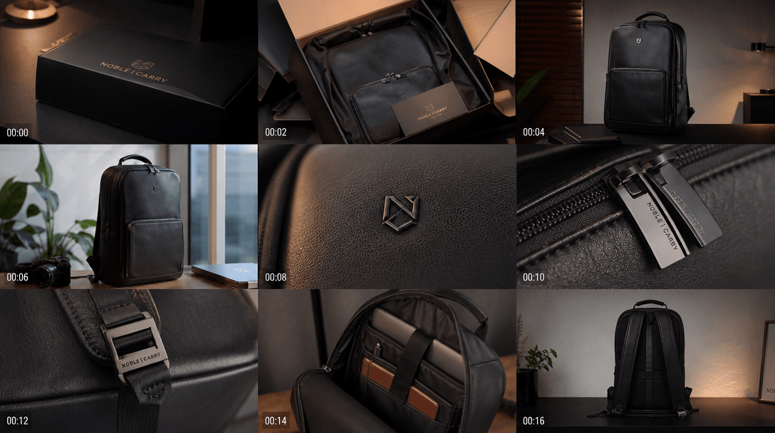 Multiple video frames of the same product from different creative angles—unboxing moment, lifestyle detail, close-up tex