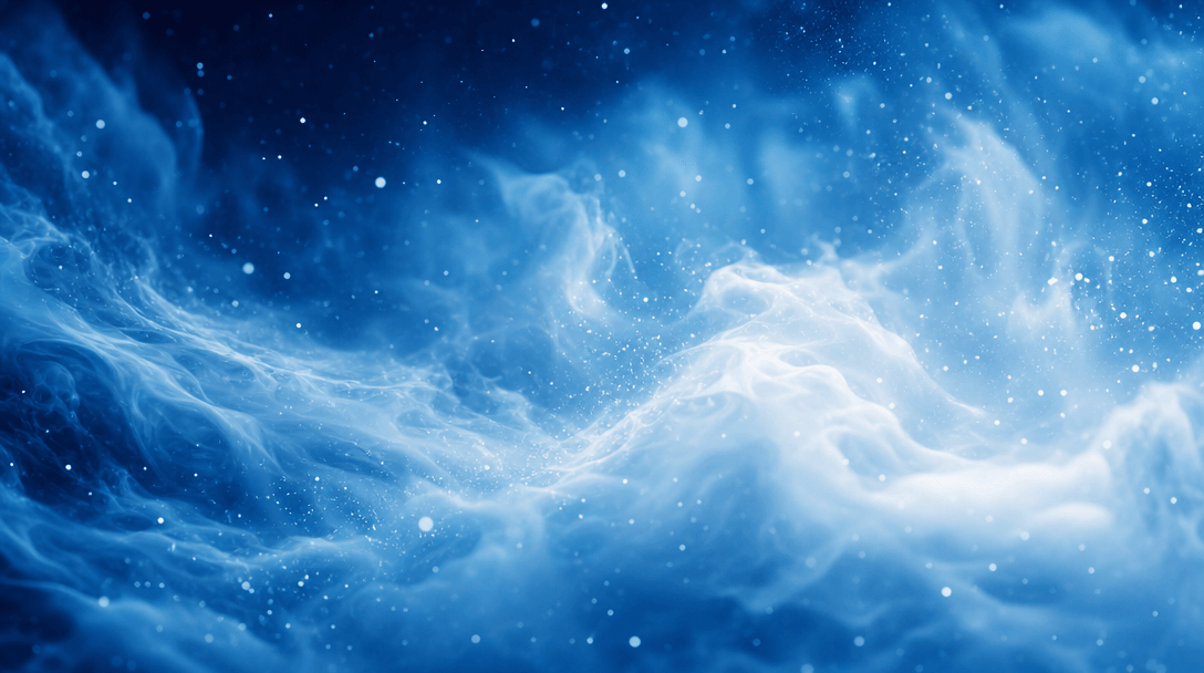 Abstract soft cloud textures morphing and flowing in slow motion, bright white particles against deep gradient blue sky,