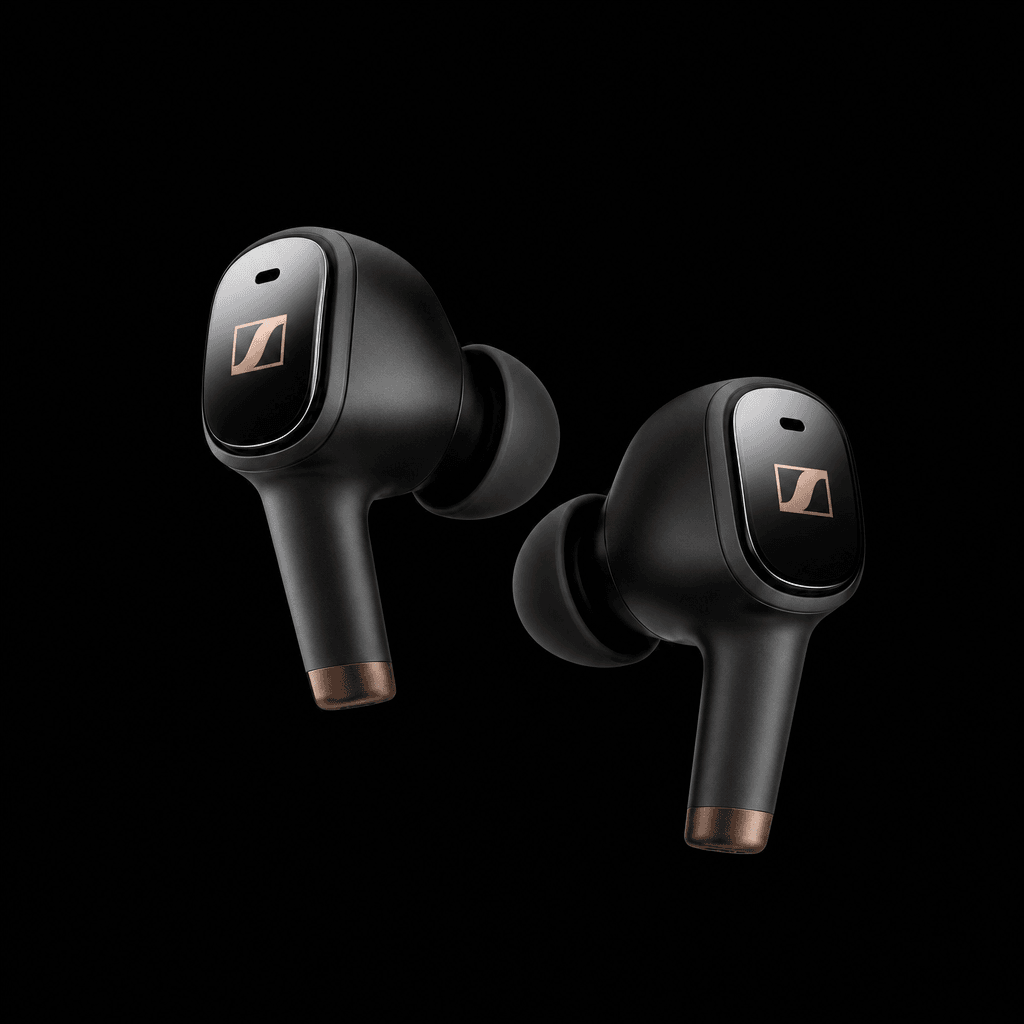 Wireless earbuds on deep black seamless background, professional studio lighting emphasizing details, luxury tech produc
