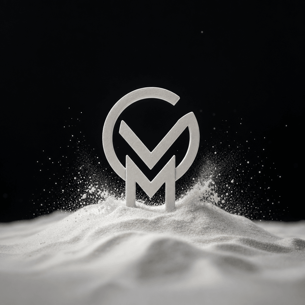 Minimalist logo rising from white sand against a deep charcoal background, ultra-fine particles in gentle motion, cinema