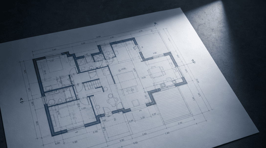 Abstract overhead close-up of a precise 2D architectural floor plan printed in blueprint blue-grey lines on white drafti