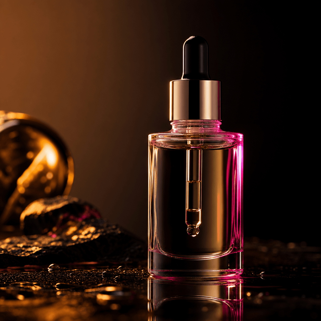 Editorial beauty product still life: a sleek glass serum bottle on a dark reflective surface with soft amber side lighti