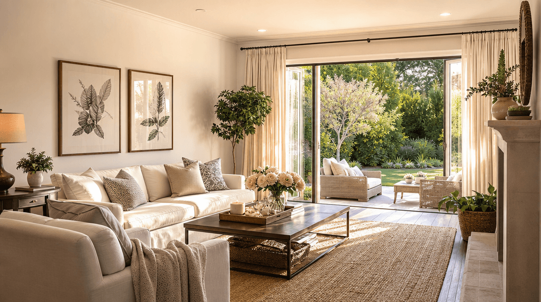 Professional real estate staging photograph of immaculate living room in warm sunlight, perfectly arranged furniture, fr