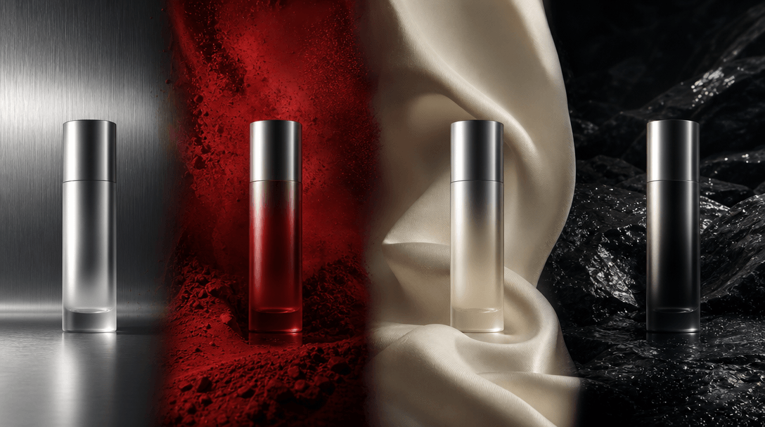 One minimalist cosmetic bottle repeated across four connected material worlds: brushed silver, saturated red pigment, so