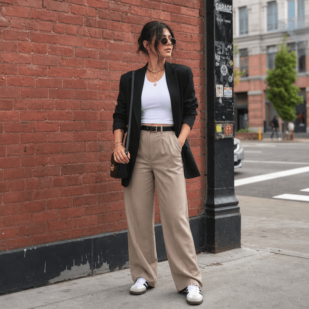 Fashionable outfit on figure in downtown street corner. Brick wall background, natural daylight. Trendy accessories visi